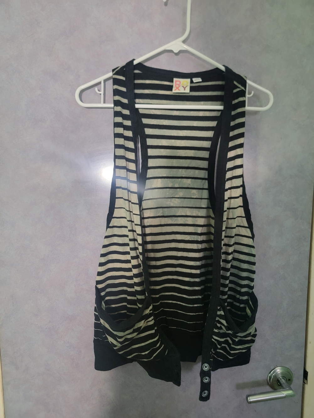 Roxy Striped Open-Front Black and Cream Sweater Vest